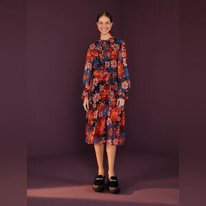 RARE Farm Rio Navy Garden Lenzing Ecovero Viscose Midi Dress Navy Orange XS New